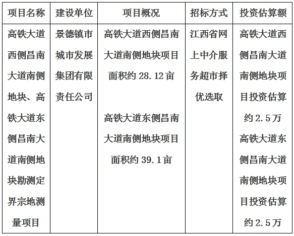 景德鎮(zhèn)市高鐵大道西側(cè)昌南大道南側(cè)地塊、高鐵大道東側(cè)昌南大道南側(cè)地塊勘測(cè)定界宗地測(cè)量項(xiàng)目計(jì)劃公告