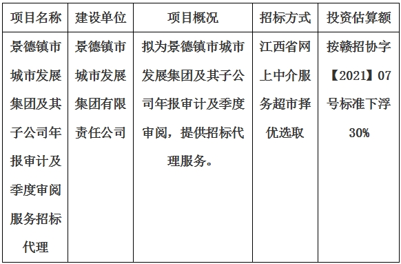 景德鎮(zhèn)市城市發(fā)展集團及其子公司年報審計及季度審閱服務(wù)招標代理計劃公告