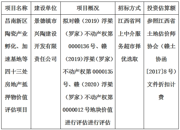 昌南新區(qū)陶瓷產(chǎn)業(yè)孵化、加速基地等四十三處房地產(chǎn)抵押物價值評估單位選取計劃公告