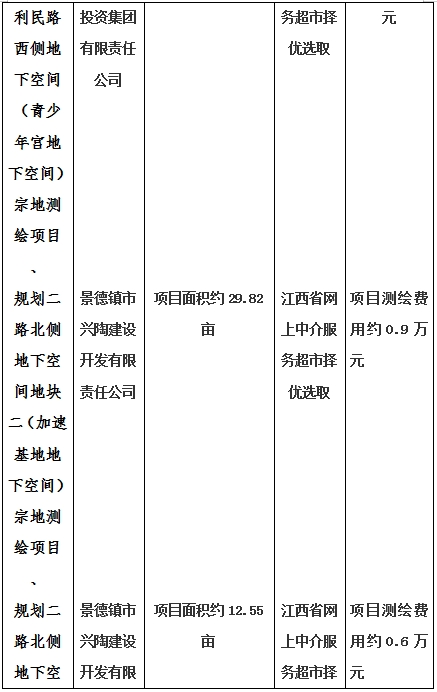 景德鎮(zhèn)市昌南新區(qū)LJ1-03-A01-1地塊、瓷都大道東側(cè)中渡口地下空間（格蘭云天大酒店地下空間）、光明大道北側(cè)利民路西側(cè)地下空間（青少年宮地下空間）、規(guī)劃二路北側(cè)地下空間地塊二（加速基地地下空間）、規(guī)劃二路北側(cè)地下空間地塊一（加速基地地下空間）、景德大道南側(cè)天寶橋西側(cè)地塊、景興大道東側(cè)如意路北側(cè)地下空間(社會(huì)公共服務(wù)