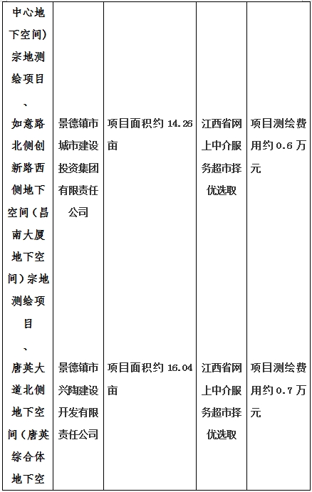 景德鎮(zhèn)市昌南新區(qū)LJ1-03-A01-1地塊、瓷都大道東側(cè)中渡口地下空間（格蘭云天大酒店地下空間）、光明大道北側(cè)利民路西側(cè)地下空間（青少年宮地下空間）、規(guī)劃二路北側(cè)地下空間地塊二（加速基地地下空間）、規(guī)劃二路北側(cè)地下空間地塊一（加速基地地下空間）、景德大道南側(cè)天寶橋西側(cè)地塊、景興大道東側(cè)如意路北側(cè)地下空間(社會(huì)公共服務(wù)