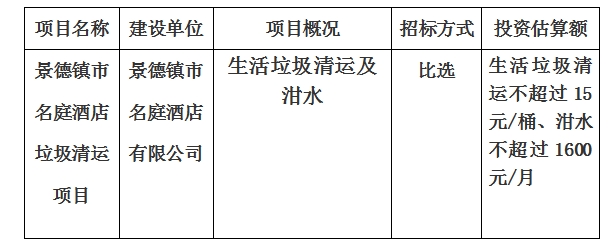 景德鎮(zhèn)市名庭酒店垃圾清運(yùn)項(xiàng)目計劃公告