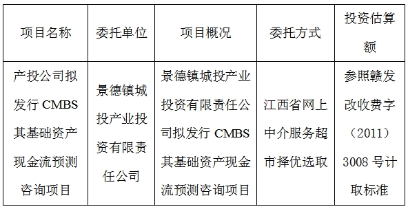 產投公司擬發(fā)行CMBS其基礎資產現(xiàn)金流預測咨詢項目計劃公告